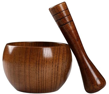 Mortel med mortelstöt skål för vitlökskrossning i trä, vitlökspressburk, mortel, köksprylar mortel (visas 12 x 8 cm)
