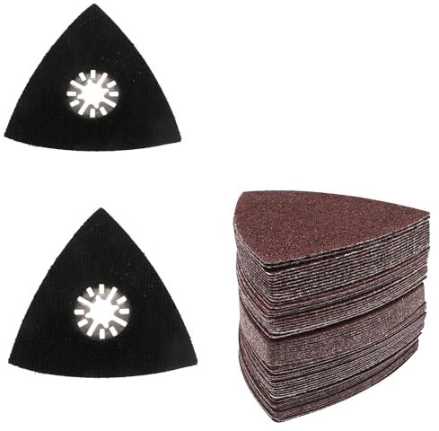 Ponceuse électrique Ponceuse Multi-outils Triangle Kit de 52 feuilles de papier de verre triangulaires 80 mm, assortiment de grains 60 à 240, tampons de ponçage universels triangulaires à crochet et b