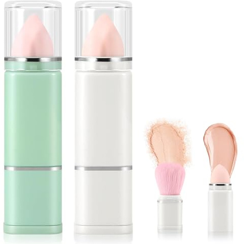 VireEyU Set de Pinceles 2-en-1 Retráctiles, 2 Piezas – Pinceles Doble Cara Portátiles para Viaje con Esponja y Pincel para Polvo, Ideal para un Maquillaje Perfecto.