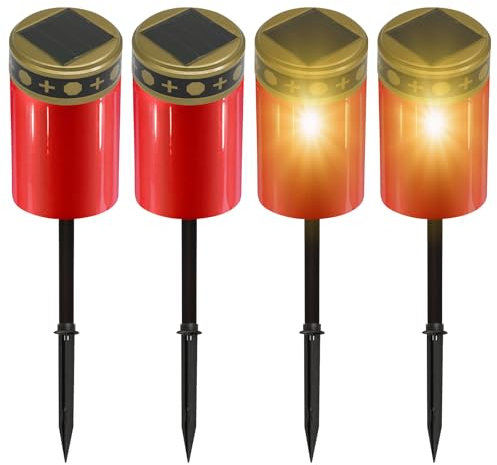 BORDEAG Velas solares LED para tumbas (4 unidades, solares, con sensor de luz, 12 x 7 cm, con estaca para exteriores, color rojo)
