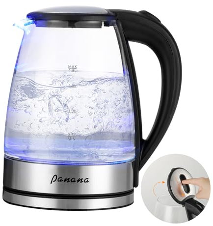 Electric Kettle Glass Kettle with Blue LED, Fast Boil Quiet Electric Glass Kettle, 1.8L, 1800W, Boil-Dry Protection, BPA Free (Flip Lid)