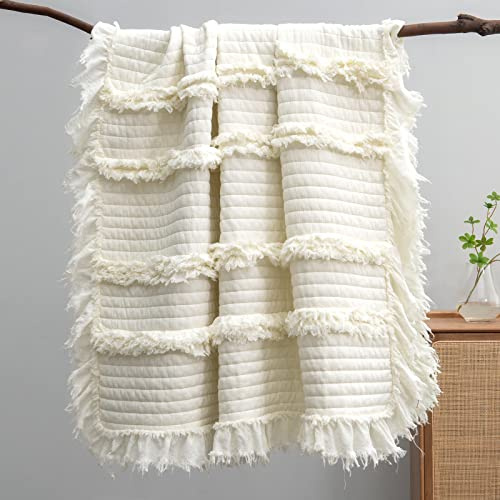 HORIMOTE HOME Ultra Soft Pre-Washed Warm Quilted Throw Blanket, Ruffle Fringed Boho Throw, Stone Washed Chic Rustic Blanket for Sofa Couch Bed Chair,Cream White, 127x152cm