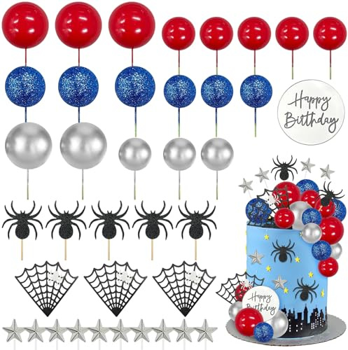 Spider Birthday Cake Toppers, 38 Pcs Spider Spider with Spider Web Star Balls, Happy Birthday Cake Topper, for Boys and Girls Birthday Party