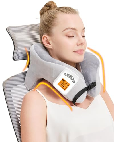 Rechargeable Heated Neck Pillow with Massage, 5000mAh Cordless Neck Heating Pad for Neck Pain, 3-Level Vibration Massage, 104-140℉ Adjustable Temp, 30/45/60Mins Timer, Type-C Cable & Storage Bag