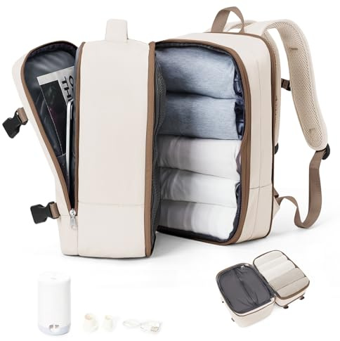 suradar Vacuum Backpack Travel Bags with Pump Compression Vacpack Backpack with Vacuum Compression for Ryanair Cabin Bags 40x20x25 Underseat Ryan Air Bag 40x20x25 Cabin Bag Beige with Brown