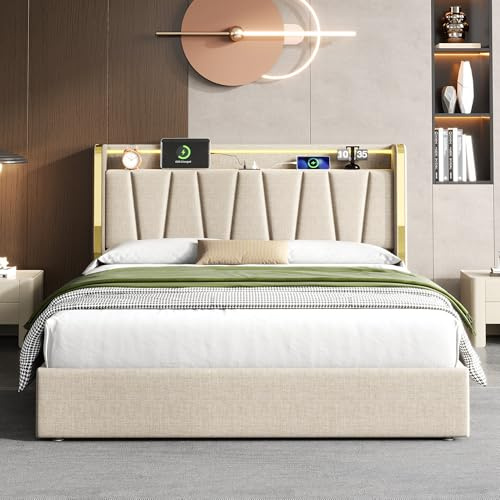 ANIROY 4ft6 Double Bed Frame with Hydraulic Storage, Upholstered Platform Bed with LED Headboard, USB Charging Station, Youth Bed for Teenagers and Adults, No Box Spring Needed, No Mattress, Beige