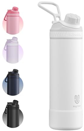 magcheer Metal Water Bottle 750ml with Silicone Cover | Double Walled Insulated Stainless Steel Bottle | Leakproof Design | BPA Free | Wide Mouth Flask for Sports Gym Travel and School (White Grey)