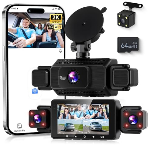 VECHTEL 2K Dashcam per auto anteriore e posteriore con WiFi, 4* Dash Cam 480P Telecamera per auto con schermo IPS da 3 pollici,visione notturna,sensore G,protezione a 360 gradi,con 64 GB