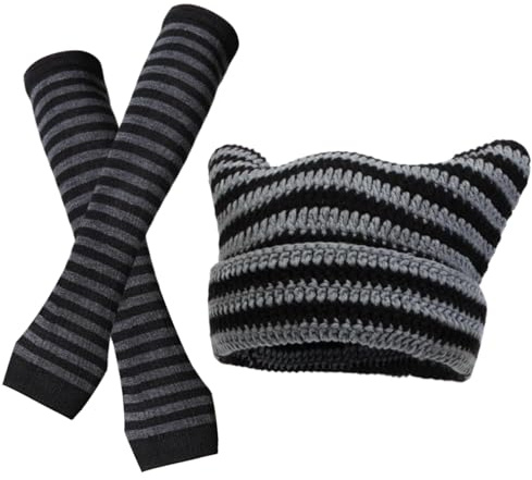 Lufdegim Kattmössa Set för kvinnor, mössa med kattöron y2k beanie, randig crochet slouchy hatt med randiga långa armvärmare, kattmössa för kvinnor, vinter, varm