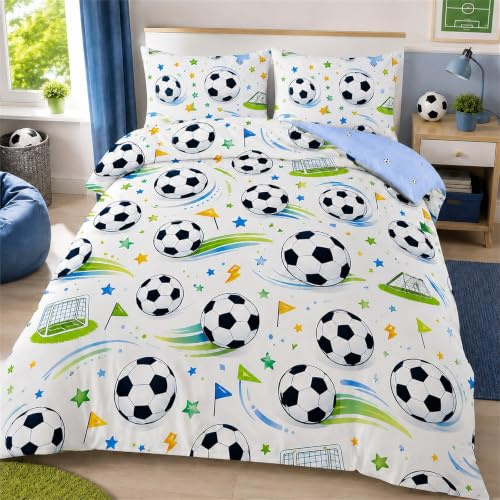 Vryxel Boys Kids Football Soft Bedding Single Duvet Cover Set Bed Zipper White Green 135 x 200 CM