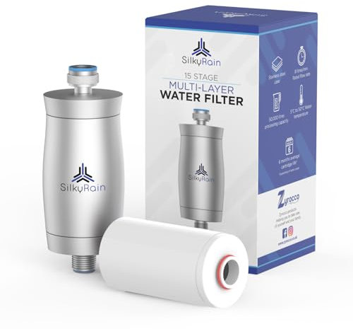 Silky Rain Stainless Steel Shower Water Filter. Removes 99% of Chlorine, Fluoride, Heavy Metals. Easy to Install. Hard Water Shower Filter Improves Hair, Nails and Skin Condition.