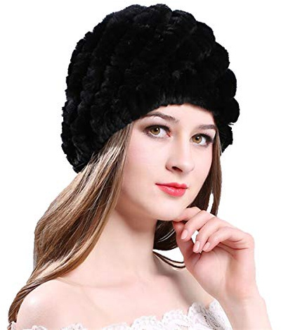 KAISHIN Cappellini Invernali a Righe Colorate per Donna Cappelli in Vera Pelliccia di Coniglio Rex Berretti (Nero)