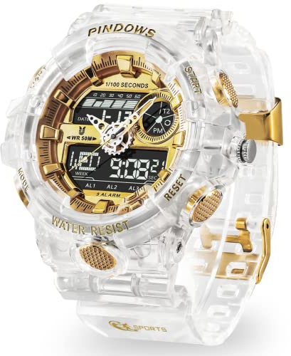 PINIDOUS Mens Watch for Men Digital Sport Watch Transparent Gold Watches Waterproof Watches with 3 Alarms/Countdown/Stopwatch/Digital-Analog/Dual Time/Light/Military Multifunctional Wrist Watch