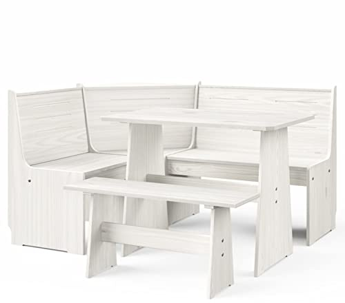 Keketa Set da Pranzo in Legno Con Tavolo e Panca Angolare - 6 Pezzi, Mobili Salvaspazio per Casa, Cucina, Ufficio - Legno Massello di Pino Bianco