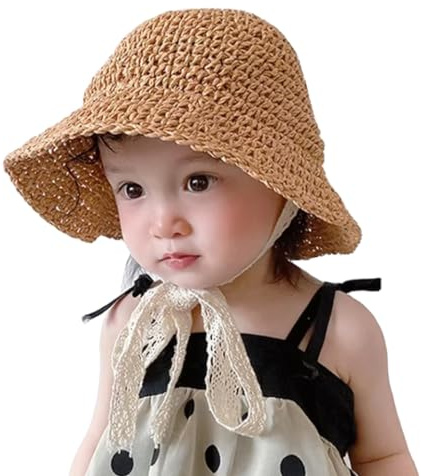 Toddler Girls Straw Sun Hat Foldable Beach Hat Roll up Panama Cap with Lace Chin Strap for Kid 2-6Year Coffee