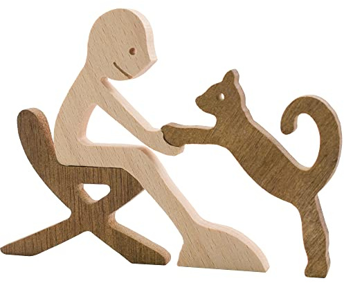 Enkrio Figuras de gato de madera talladas a mano, estatua de escultura humana hecha a mano, acentos artesanales, adorno de madera para decoración de mesa de pie para decoración del hogar