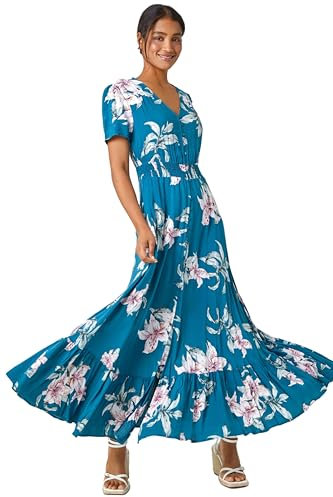 Roman Originals Shirred Empire Waist Dress for Women UK Ladies Midi Maxi Summer Spring Tiered Frill Hem Short Sleeve V Neck Button Through Boho Bohemian Holiday Cruise - Teal - Size 16