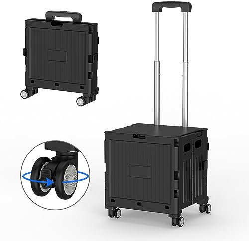 Meisax Einkaufstrolley klappbar, Einkaufswagen bis 30 kg, Transportbox mit 4 Rollen, Shopping Trolley Verstellbarer Aluminium Griff, Klappbar Transport Trolley für Einkaufen, Reisen, Büro (Schwarz)