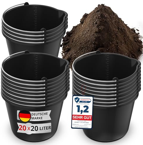 20x Oramics 20L Eimer mit Ausguss Tülle – Baueimer Kübel für Zement und Mörtel – Stabiler Wassereimer mit Skala für Haushalt, Garten, Baustellen und Landwirtschaft (20x 20 Liter Mörteleimer)