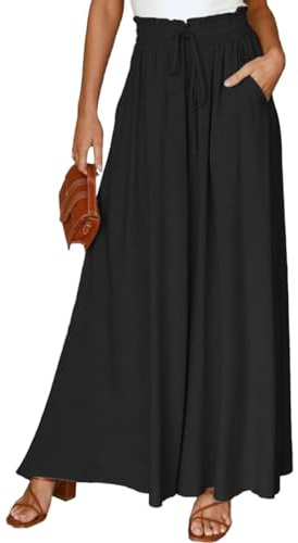 EMOTTOS Pantalones Mujer Verano, Pantalon Largos Elasticos Cintura Alta con Cordón y Bolsillos, Palazzo Pantalones Elástico, Elegantes Pantalon Pierna Ancha Casual para Mujer, Negro XL