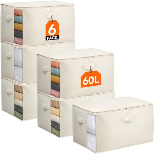 Lifewit Juego de 6 Cajas Almacenaje Ropa 60L, Bolsas Plegables para Guardar Ropa con Ventana Transparente, Bolsas Almacenaje para Armario, Edredón, Mantas y Mudanza, Beige