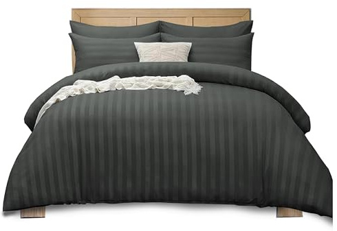 APEX FURNISHINGS Satin Stripes Double Duvet Cover Set Reversible Soft Breathable Microfiber Bedding with 2 Pillowcases, Double Bed Set (Charcoal)