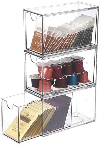 SUMNACON 3 Pack Acrylic Tea Bag Drawer Organizer, Clear Stackable Coffee Capsules Container Countertop Drawer Design Tea Packet Storage Holder Kitchen Spice Packet Storage Organizer (No Tea Bag)
