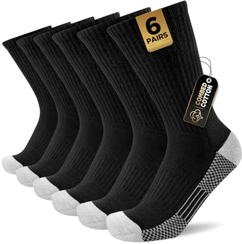 Cirorld Mens Sports Socks, Work Boot Socks for Men & Women, Comfy Cotton Crew Athletic Sock Outdoor Walking Hiking Running Cycling Multipack 6 Pairs, Black 9-12