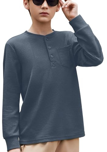 Arshiner långärmad tröja för pojkar, henleyskjorta, barn, enfärgade toppar, vår, höst, vinter, basic, långärmad, fritid, t-shirts med bröstficka för pojkar 5–12 år, Mörkgrå, 160