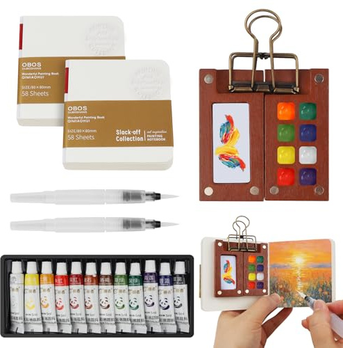 Portable Travel Watercolour Set, 7 PCS Mini Watercolour Paint Set Travel | Pocket Artist Painting Set with 8 Grids Foldable Wooden Palette Sketchbook Brush Metal Clip for Students & Artists