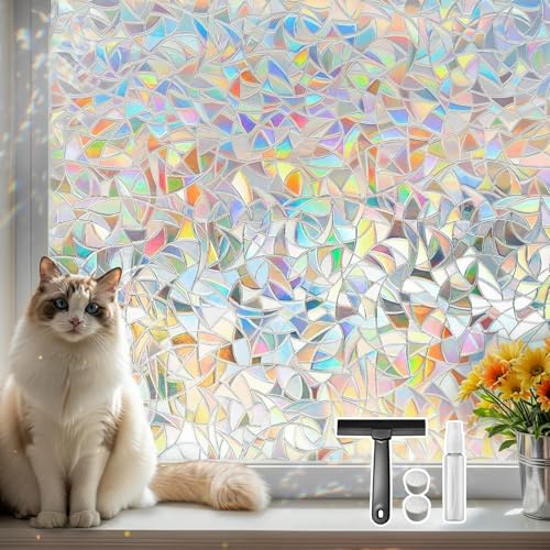 Qualsen Privacy Film for Glass Windows Stained Glass Window Film, 30x100cm | Geometric Patterned Window Films with Tools, Rainbow Decorative Effect, Static Cling Anti UV, for Home Bedroom Office