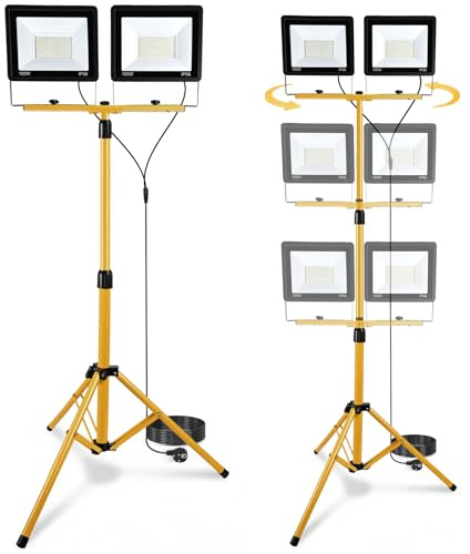 Yigowyigo Baustrahler LED mit Stativ, 2x100W 21000LM Baustellenlampe, 5M Kabel IP66 Wasserdicht 72LEDs 360° Drehbar Bauscheinwerfer, höhenverstellbar Baustellenstrahler, für Garage & Baustelle