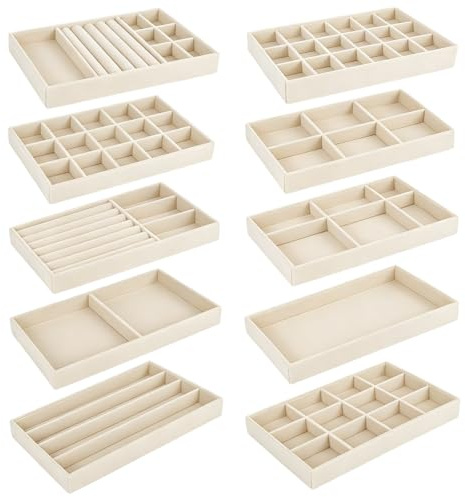 bssmmai 10 PCS Jewellery Drawer Organiser Insert, Jewellery Organiser Tray, Jewellery Tray for Rings, Earrings, Necklaces and Bracelets (Beige)