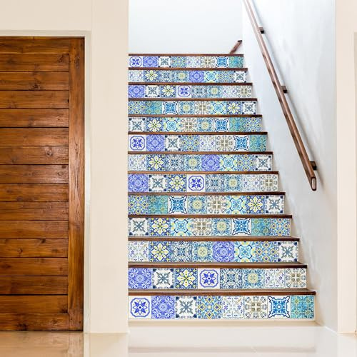 WALPLUS 24 Pcs 15cm(6) Tile Stickers Peel and Stick Backsplash Self-Adhesive Removeable Stick on Wall Vinyl Home Decoration DIY for Living Kitchen - Mediterranean Sky Classic Blue Mosaic