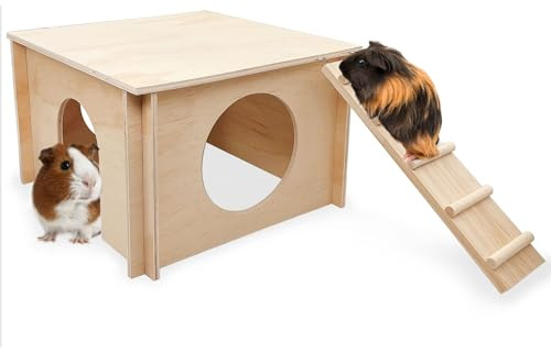 kathson Guinea Pig Hideout House,Wooden Chinchilla Hide Hut with Climbing Ladder and Windows, Hamster House for Mouse Hedgehog Squirrel Mice Gerbils Hiding Sleeping and Playing
