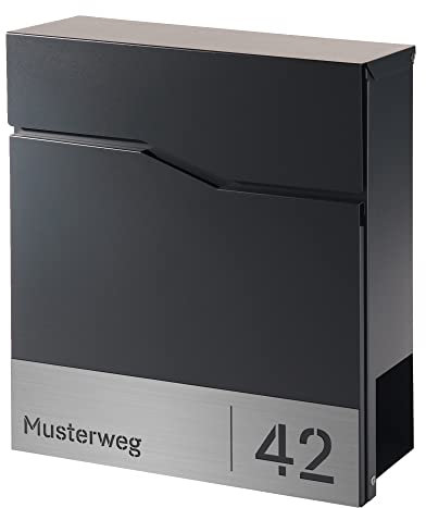 Forgard Boîte aux lettres anthracite avec compartiment à journaux (RAL 7016), personnalisée, moderne, en acier zinc, avec nom de rue + numéro de maison avec kit de montage, TRELLEBORG