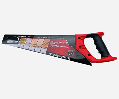Barbarossa Pro Hand Saw, 14 / 350mm, Perfect for 1st Fix Heavy Duty Sawing, Trimming, Gardening, Wood Cutting, Plastic, Made from Carbon Steel with 8 TPI / 9 Points, ABS Plastic Soft Grip Handle
