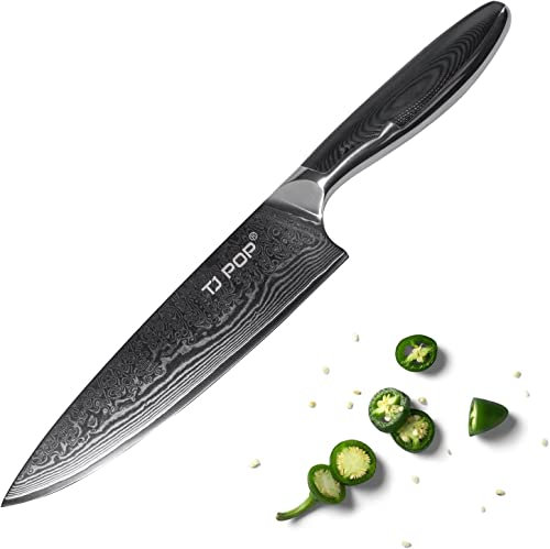 TJ POP Damascus Chef Knife, 8 Professional Kitchen Knife with Japanese VG-10 Steel Blade, Professional Ultra Sharp Meat Knife with Comfortable Grip Non-Slip Handle
