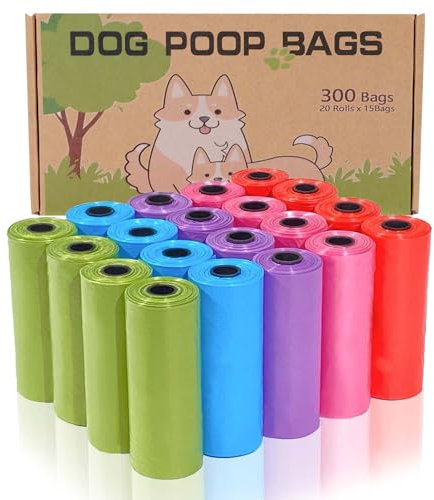 AiTodos® 300 Stück Hundekotbeutel, 5 Farben, Hundetüten Kotbeutel, Kotbeutel für Hunde - 30 * 21,5 cm, Polyethylen-Material, Tragbar - Lila, Blau, Grün, Rot, Rosa (20 Rollen, 15 pro Rolle)