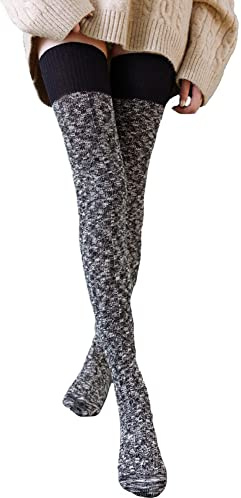 YAMEE Knästrumpor dam overknee strumpor, dam vinter stickade strumpor överknee, stickade strumpor lår höga, klassiska kvinnor långa strumpor retro, svart