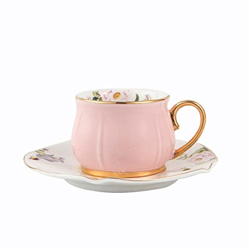 fanquare Rosa Keramik Kaffee Tee Tasse und Untertasse Set, Floral Tasse und Untertasse Set mit Goldrand, 220ml Geschenk Tee Tasse, (FKT0540C)