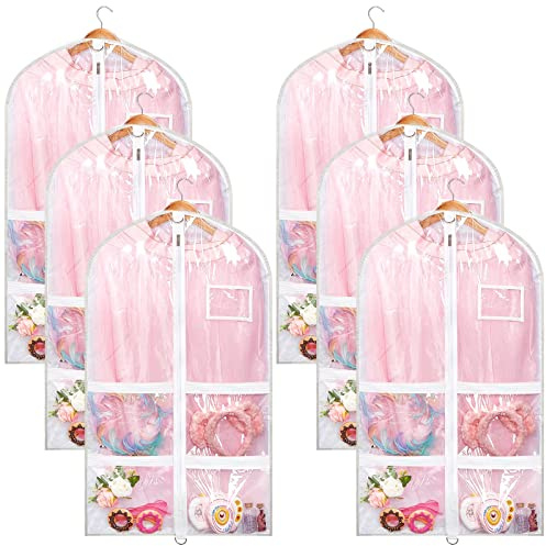 Nuenen 6pcs Garment Bags for Dance Costume Clothing Bags Hanging Clothes Clear Dance Garment Carrier for Dancers with 5 Zipper Pockets Closet Hanging Clothes Cover (White)