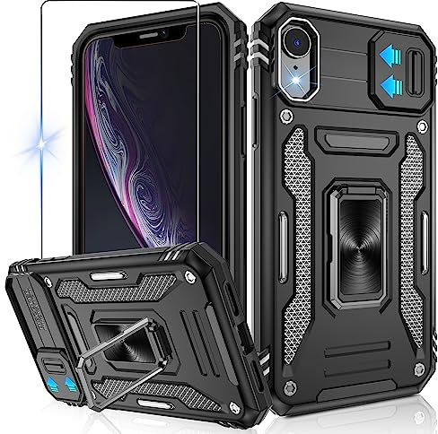 Jshru for iPhone XR Phone Cases with Screen Protector,Slide Camera Cover,Ring Kickstand, Anti-Scratch Armour Phone Cover for iPhone XR,Black