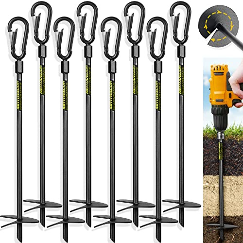 18” Heavy Duty Ground Anchors Screw in(1000lbs), Swing Set Earth Anchors Forged from High Strength Steel, Detachable Carabiner Design, High Wind Trampoline Stakes for Tents, Canopies, Sheds etc