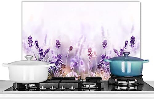 KitchenYeah© Antisalpicaduras Cocina 60x40 cm Protector Salpicaduras Pared Chapa Aluminio Kitchen Panel Vitrocerámica Accesorios Salpicadero Decoración Lavanda - Flores - Naturaleza