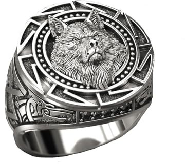 MAGIIE Herren Ringe aus Edelstahl, Viking Wikinger Wolfskopf Siegelring, Silber, Größe 67