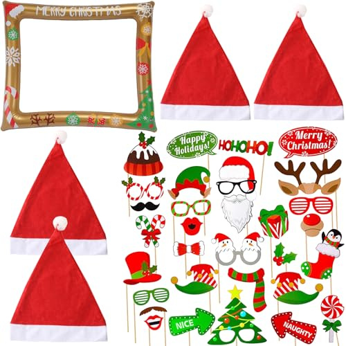 BDSHUNBF 37pcs Christmas Photo Booth Props, Photo Booth Props hoto Props Accesorios Navidad con Marco Inflable de Navidad para Navidad Divertido Selfie Foto Prop,Fotos de Fiesta de Navidad