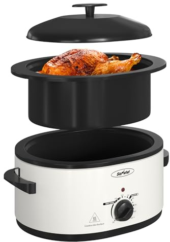 Sunvivi Roaster Oven with Self-Basting Lid, Electric 8-Quart Turkey Roaster Oven with Removable Pan and Rack, Stainless Steel, White