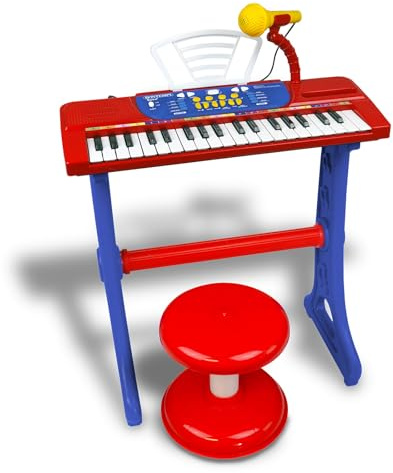 Bontempi | MiniKeyFun - Tastiera Giocattolo a 37 Tasti per Piccoli Musicisti con Microfono, Sgabello e Leggio, Blu e Rosso, 54,4x32,9x15,9 cm