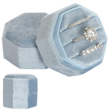 Gvhntk Velvet 3 Slots Jewelry Ring Box Vintage Octagon Ring Display Holder Gift Premium Gorgeous Case with Detachable Lid for Wedding Engagement Proposal Keepsake Ceremony (Blue)